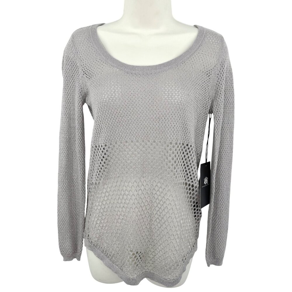 NWT ROCK & REPUBLIC SILVER METALLIC THREAD MESH KNIT RELIQUARY ROSE SWEATER - XS